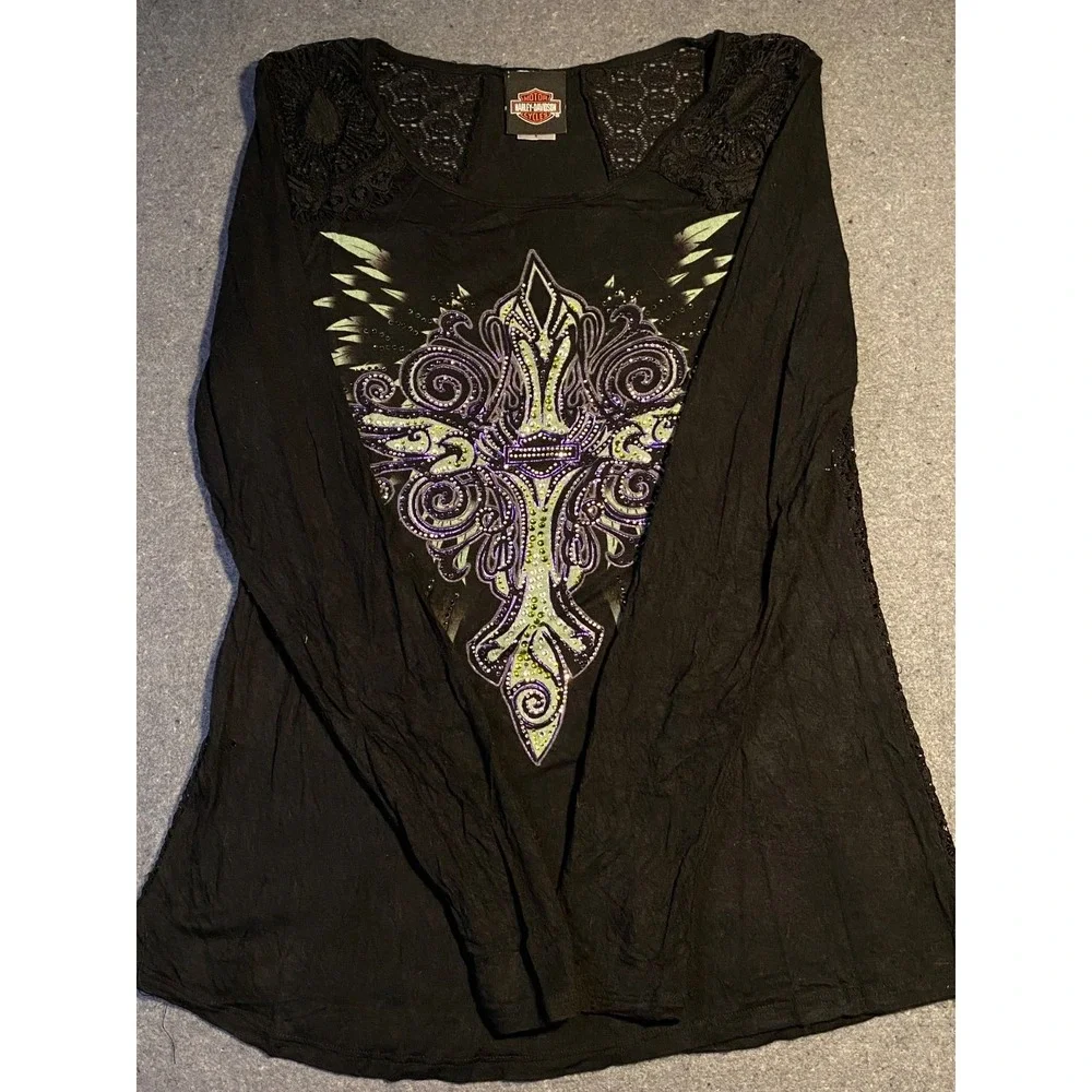 Vintage‎ HARLEY DAVIDSON Lace Back Rhinestone Women's LONG SLEEVE black SMALL